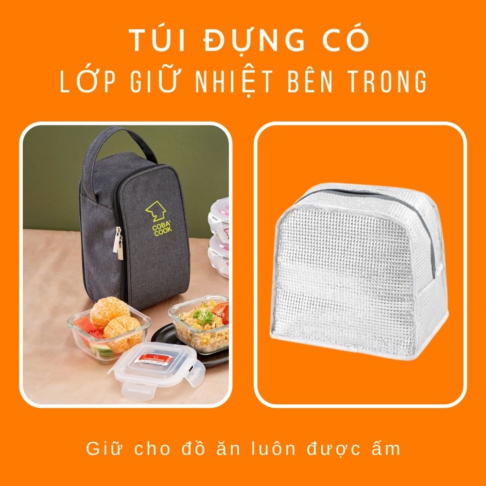 Bộ 2 Hộp Cơm Thủy Tinh Chia 2 Ngăn 640ml Hộp Chữ Nhật 370ml Kèm Túi Vuông Giữ Nhiệt COBACOOK-CCL6NL32BS