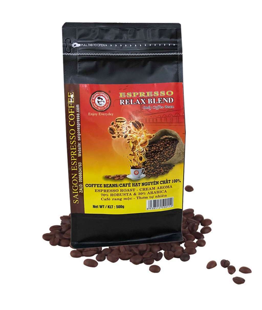 Cà phê bột nguyên chất, rang mộc Relax Blend - Saigon Espresso. Túi 500g, Cà phê không hương liệu, không độn đậu, bắp, không chất bảo quản.