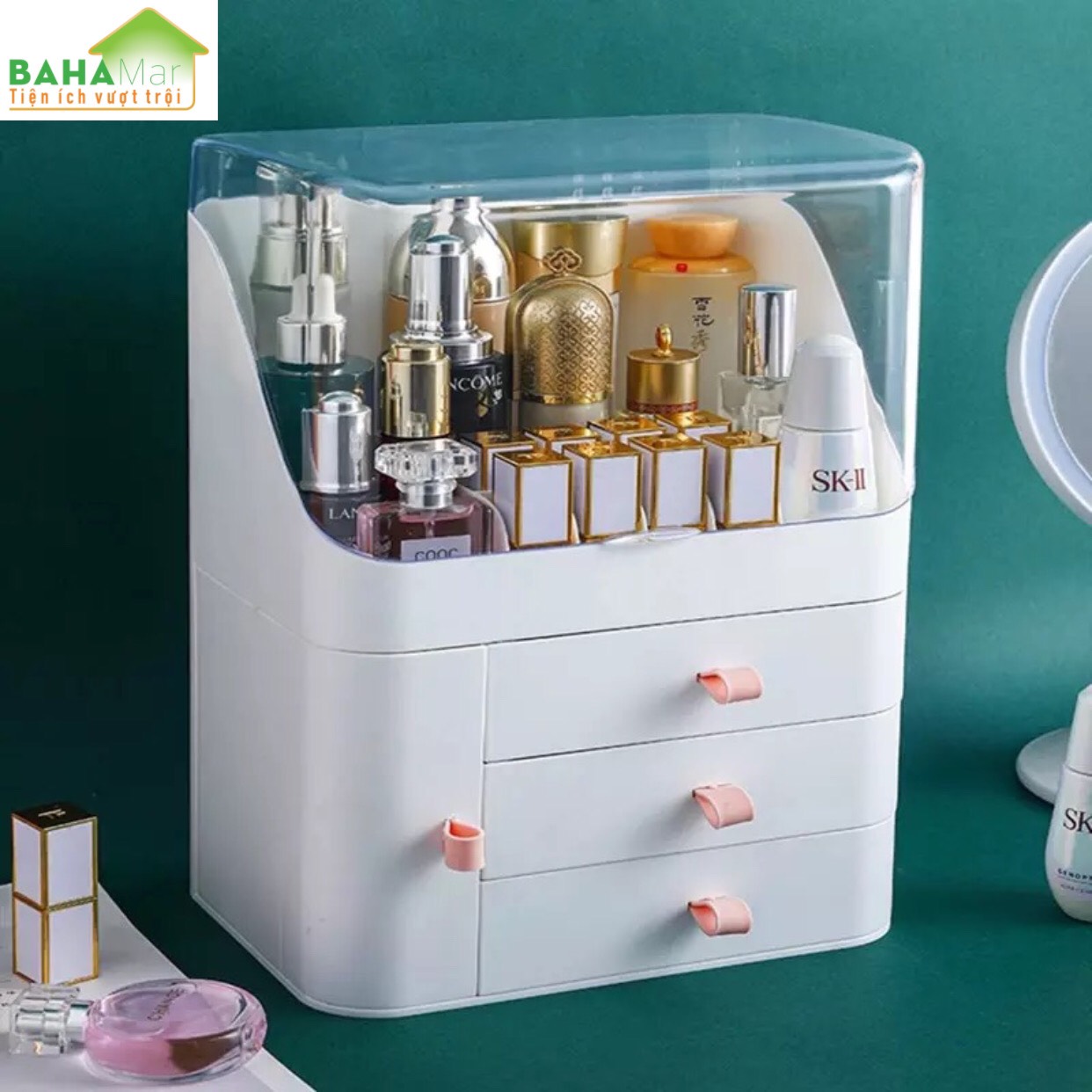 HỘP ĐỰNG MỸ PHẨM, TRANG SỨC NHIỀU NGĂN TIỆN SỬ DỤNG "BAHAMAR" Trong lòng hộp rộng, để công suất lớn, có không gian để cọ trang điểm, Có ngăn chuyên dụng đặt son môi,