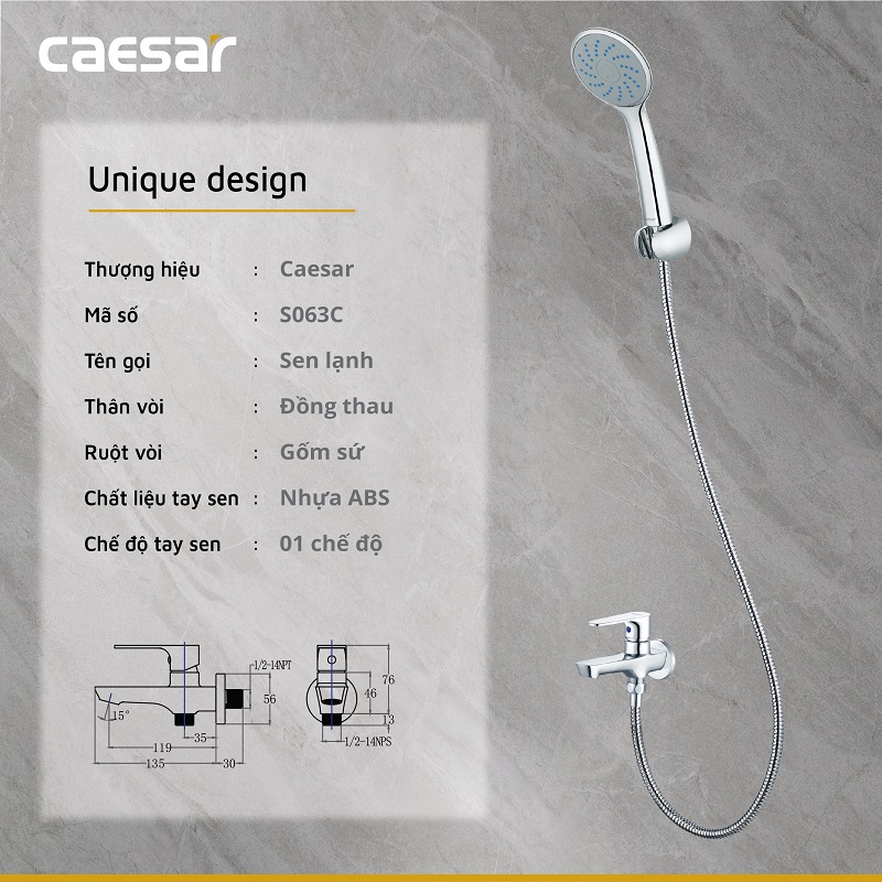Vòi sen tắm lạnh gắn tường Caesar S063C tay dây sen xi