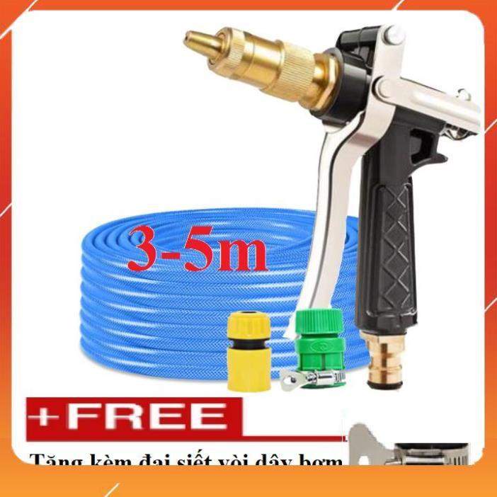 Bộ dây vòi xịt bơm nước tưới rửa, tăng áp 3 lần, loại 3m, 5m 206236 đầu đồng,cút,nối nhựa vàng+ đai