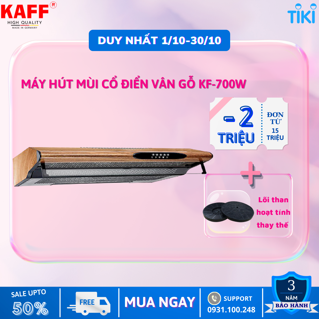 Máy hút mùi vân gỗ KAFF KF-700W - Tặng bộ lọc than hoạt tính - Hàng chính hãng