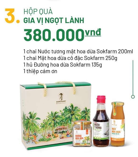 Hộp quà Tết Sum Vầy gồm Cider mật hoa dừa, Đừng hoa dừa, Mật hoa dừa cô đặc, Nước tương mật hoa dừa