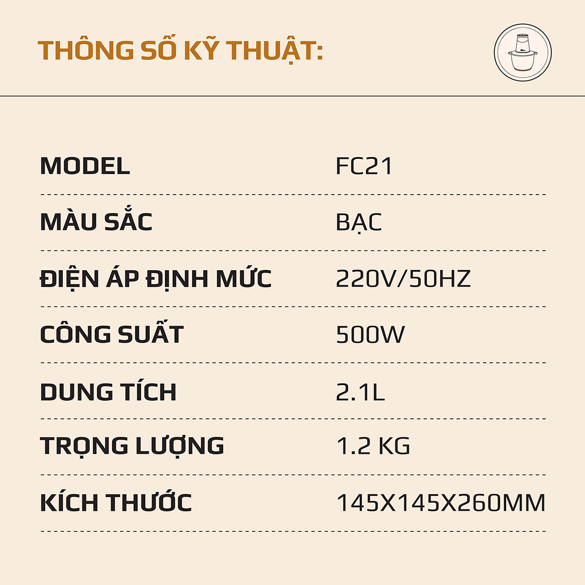 Máy Xay Thực Phẩm Đa Năng OLIVO FC21 - Dung Tích 2.1L - Công Suất 500W -Hàng chính hãng