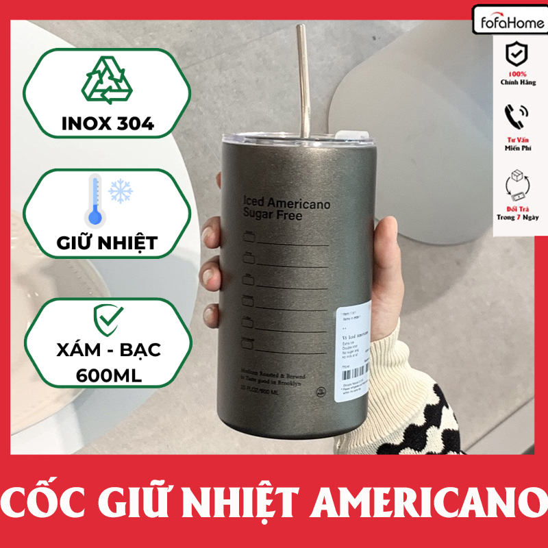 Ly Giữ Nhiệt Iced Americano Inox 304 Đúc Liền Khối Cao Cấp Có Nắp Đậy Chống Tràn Tặng Kèm Ống Hút Dung Tích 600ml Giao Màu Ngẫu Nhiên