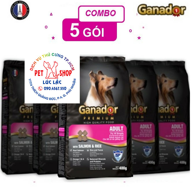 Combo 5 thức ăn cho chó trưởng thành Ganador vị cá hồi &amp; gạo Salmon &amp; Rice 400 gram