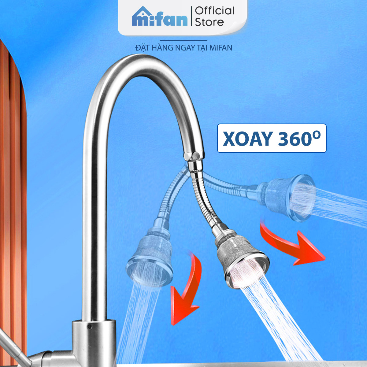 Đầu vòi rửa bát tăng áp lọc nước Mifan -  Lõi PP loại bỏ cặn bẩn, clo, màu và mùi, cổ xoay 360 bồn rửa chén