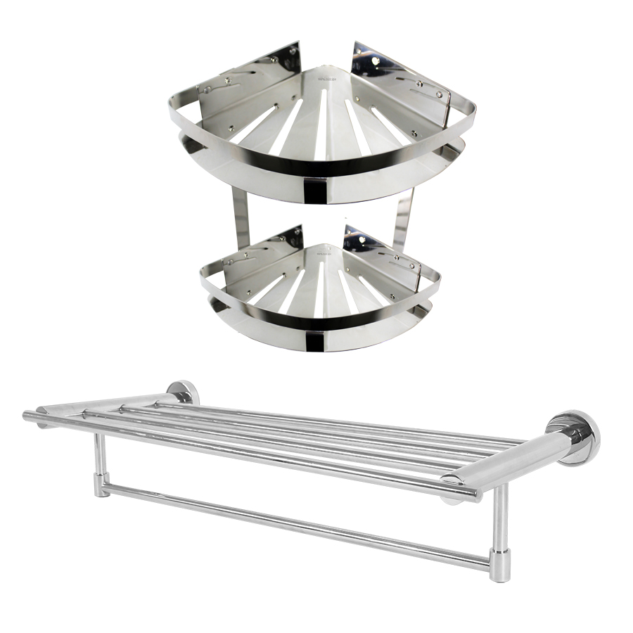 Combo kệ góc đôi và vắt khăn giàn 100% Inox 304 - MTHN