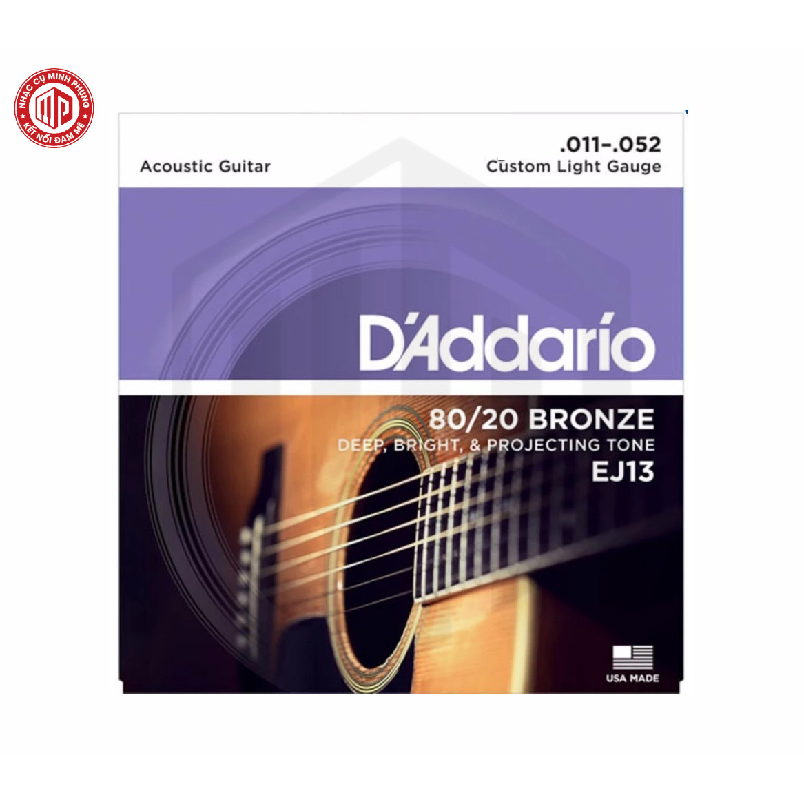 Bộ dây đàn Guitar Acoustic/ Acoustic Guitar Strings - D'Addario EJ13 - 80/20 Bronze - Deep, Bright &amp; Projecting Tone - Custom Light Gauge .011-.052 (Custom Light 11-52) - Hàng chính hãng