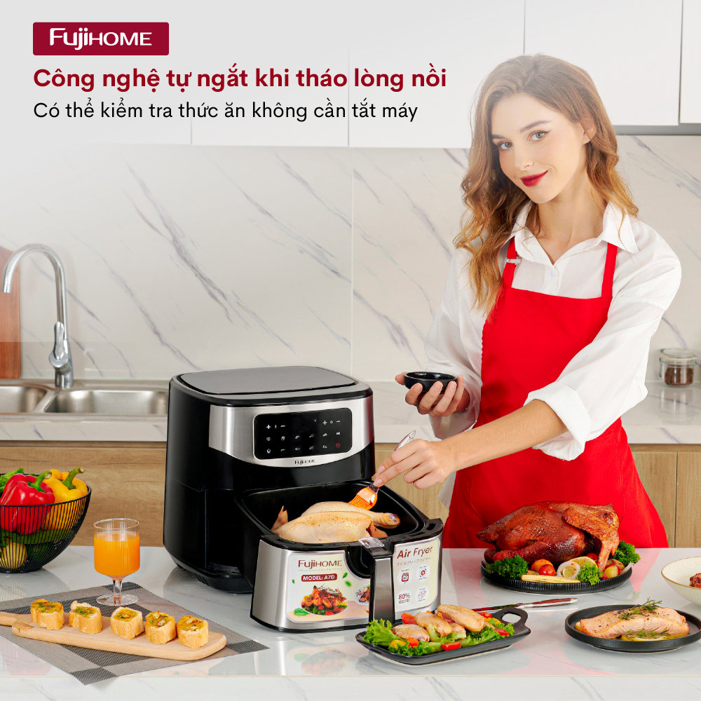 Nồi chiên không dầu 8L điện tử Fujihome Nhật Bản tự ngắt (đi kèm gắp), Lò chiên nướng không khí ko dầu cơ không hơi nước air fryer 8 lít - Hàng Nhập Khẩu