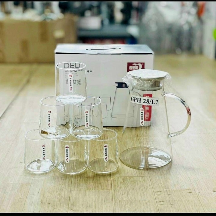 Bộ Bình Thủy Tinh Chịu Nhiệt Kèm 6 Cốc Không Quai Cao Cấp