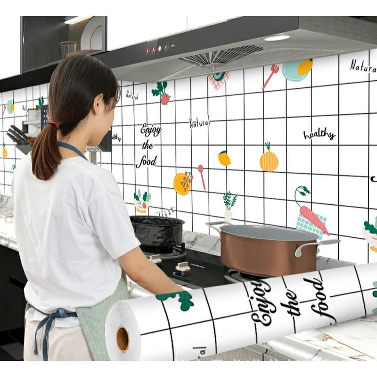 Cuộn 5MÉT Decal giấy dán bếp tráng nhôm cách nhiệt khổ 60cm MẪU HEALTHY