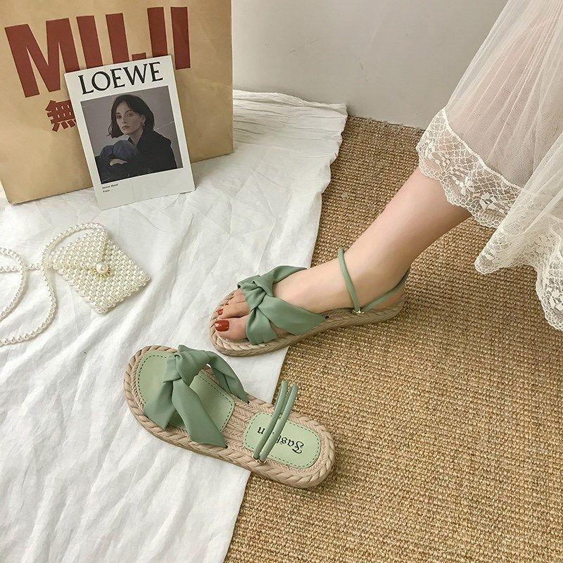 Dép sandal cói nơ đế bằng