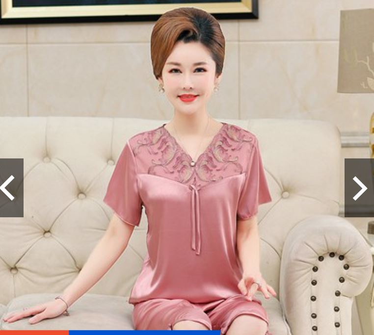 Bộ Đồ Lụa Mặc Nhà Phối Ren Trung Niên Cho Mẹ Mềm Đẹp AB39 - Hàng Quảng Châu Cao Cấp