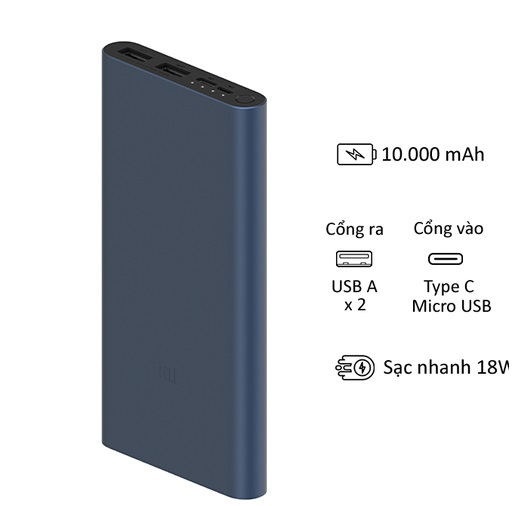 Sạc dự phòng Xiaomi Mi 10.000mAh 18W Fast Charge Power Bank 3 - Hàng Chính Hãng