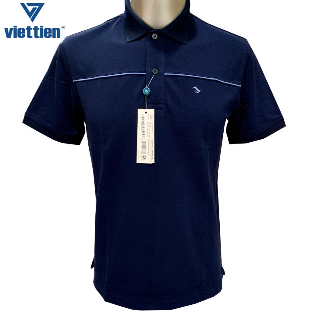 Viettien - Áo thun nam có cổ sọc ngang ngực Xanh navy 6S3010 Regular - Màu xanh navy