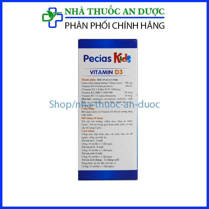 Vitamin D3 Pecias Kids bổ sung Canxi và Vitamin D3, hỗ trợ xương răng chắc khoẻ - 125ml