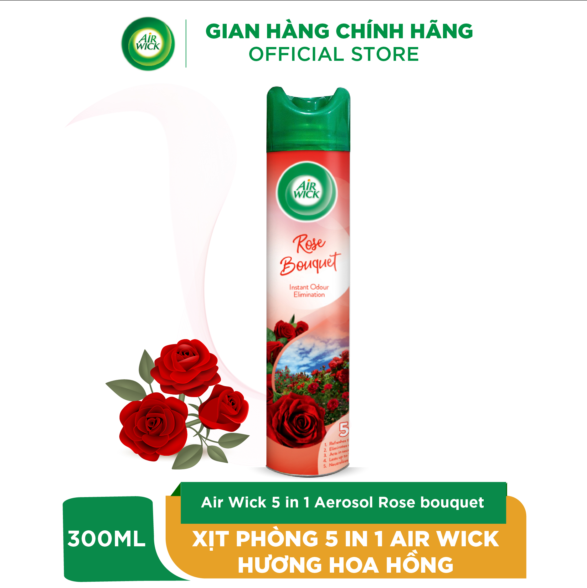 Bình xịt thơm phòng 5 trong 1 Air Wick hương hoa hồng 300ML