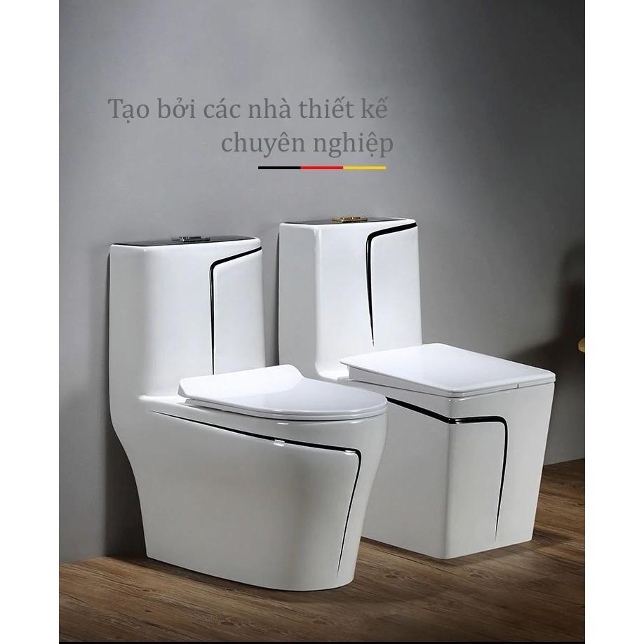Bồn cầu một khối màu trắng, kiểu vuông kết hợp viền sườn xám nghệ thuật.
