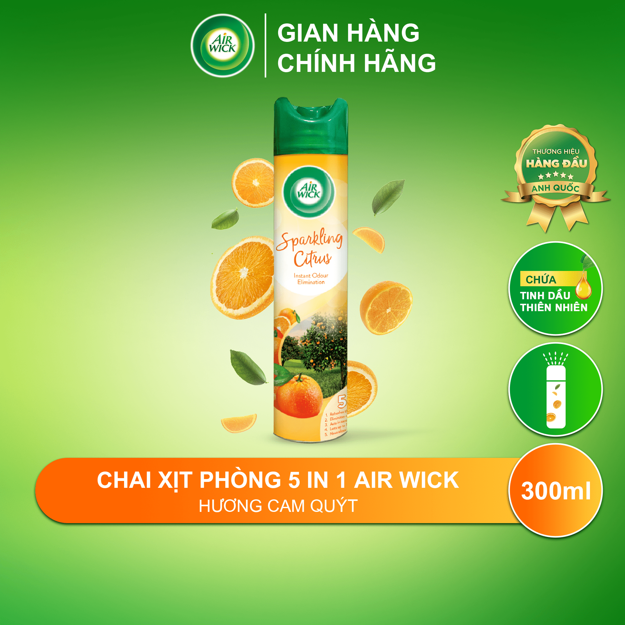 Chai xịt thơm phòng hương cam quýt AIRWICK hương thanh mát, vòi xịt thông minh giúp tỏa hương dễ dàng 300ml
