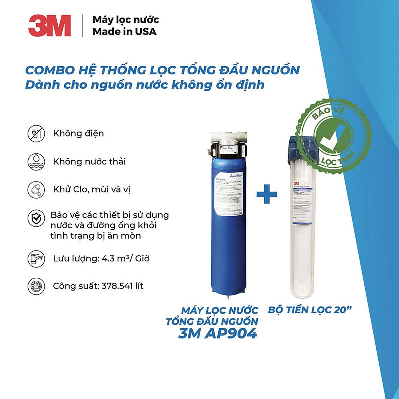 Máy Lọc Nước Tổng 3M PREMIUM AP904 Gấp Đôi Khả Năng Xử Lý Cặn Bẩn, Nước Sạch Sinh Hoạt Chuẩn Mỹ - Nhập Khẩu Mỹ, Hàng Chính Hãng 3M