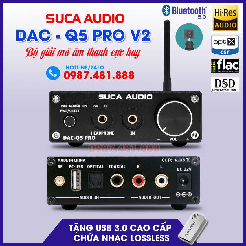 DAC SUCA Q5 PRO - Bộ giải mã âm thanh chất lượng cao 24bit, bluetooth 5.0 - Hàng chính hãng