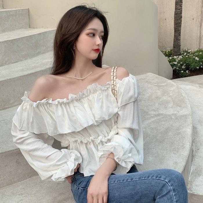 Áo Trễ Vai Viền Bèo Dài Tay Nữ 2 Tầng