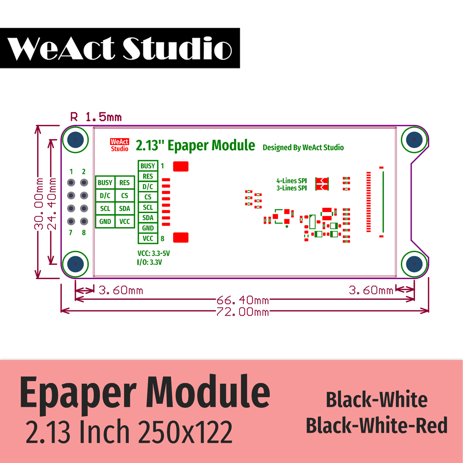 Weact 2.9 '' 2.13 "2.9 2.13 inch Mô-đun Epaper E-Paper E-Onk Eink Màn hình SPI Black-White Black-White-Red