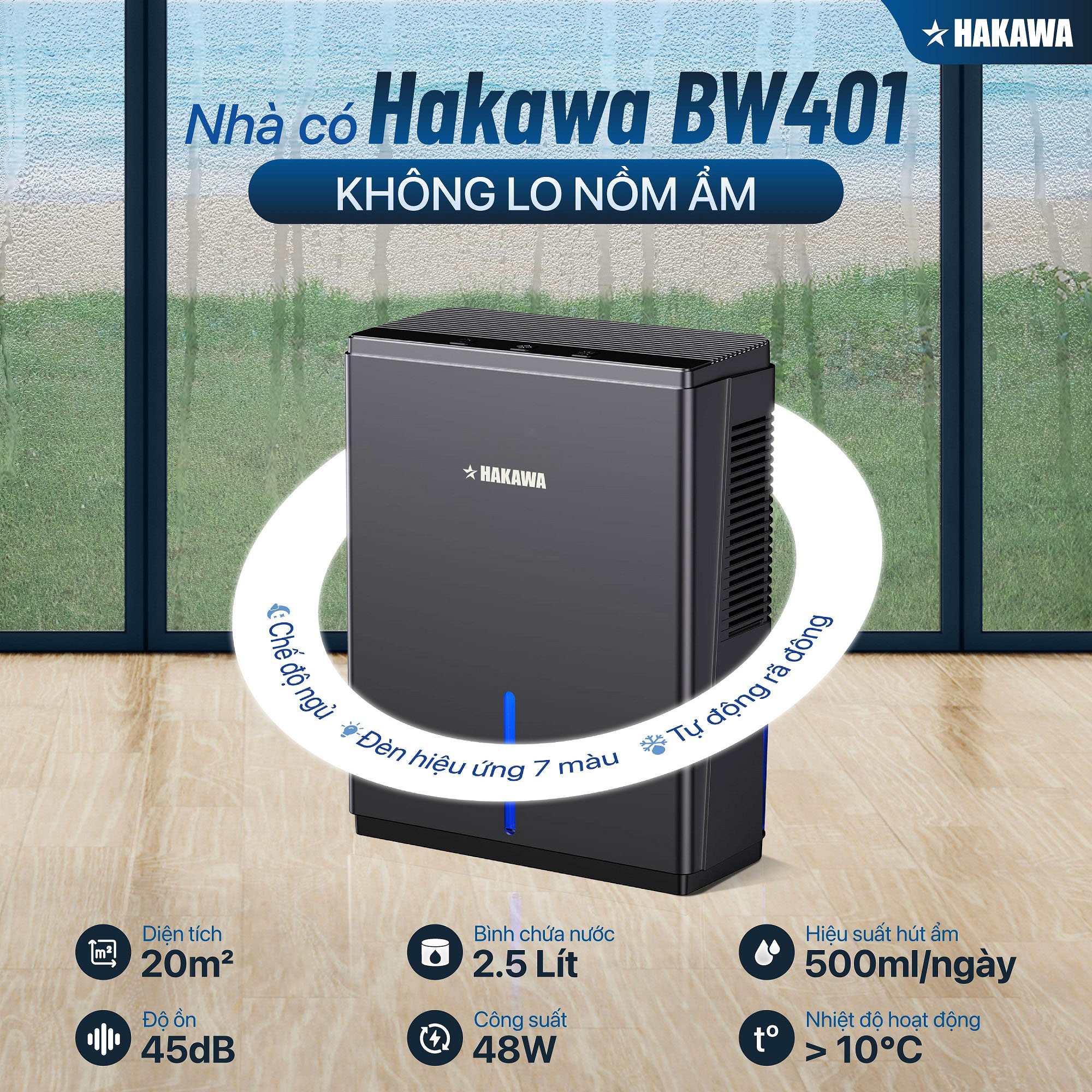 Máy hút ẩm mini Hakawa Airdog BW401 Diện tích sử dụng20m² Hàng chính hãng