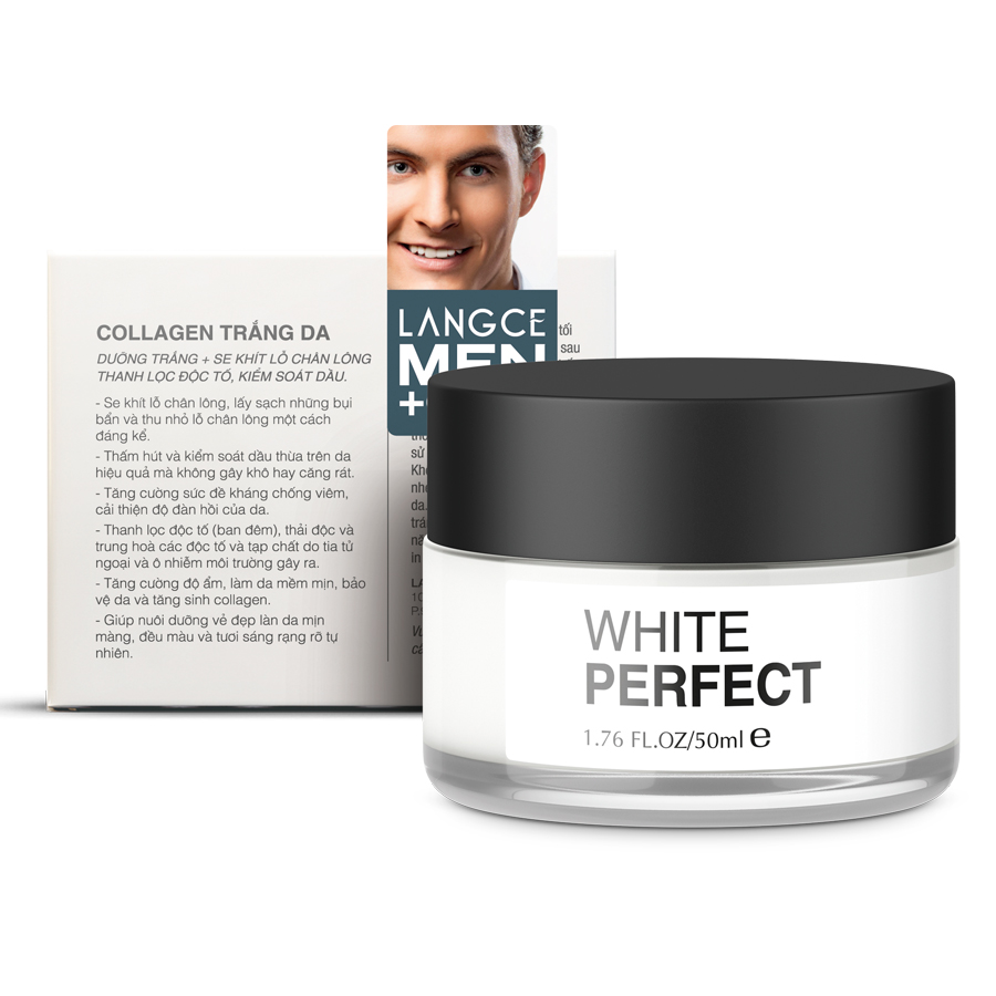 Collagen White Perfect Dưỡng Trắng Thanh Lọc Độc Tố, Se Khít Chân Lông 50ml cho Nam TẶNG Gel Vệ Sinh Vùng Kín Nam 100ml LANGCE