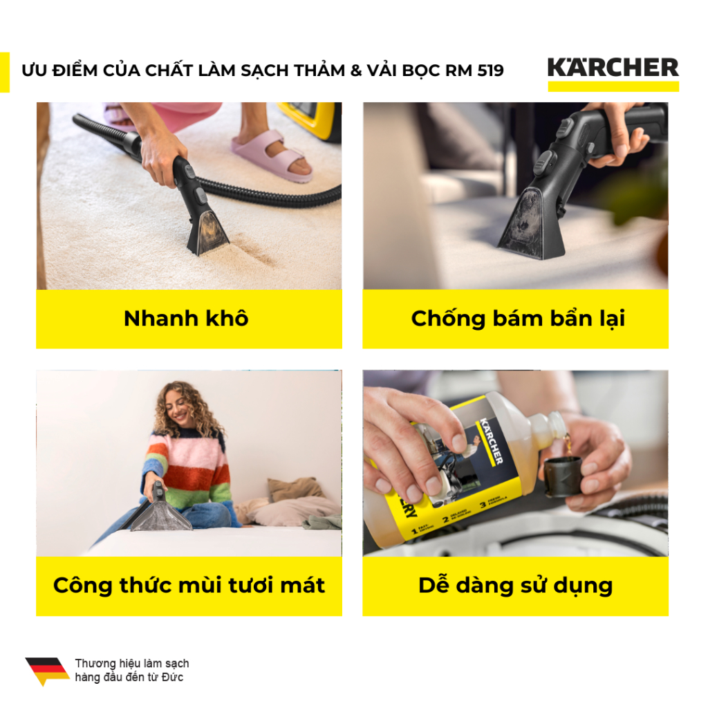 Nước giặt thảm và vải bọc Karcher RM 519 - Chuyên dùng cho dòng máy giặt thảm gia đình SE và Puzzi - Hàng Chính Hãng