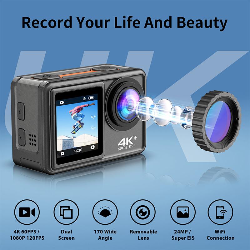 Camera hành động 4K HD 60fps Màn hình màu sắc kép ngoài trời Máy ảnh thể thao 24MP EIS chống lắc lư thấu kính có thể thay thế bộ lọc không thấm nước