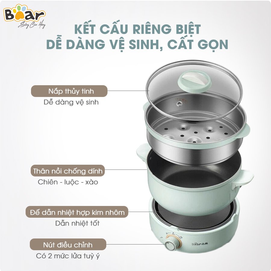 Nồi Điện Đa Năng Bear MC-B25V1 (2.5L) (Kèm Lồng Hấp) - Blue - Hàng Chính Hãng