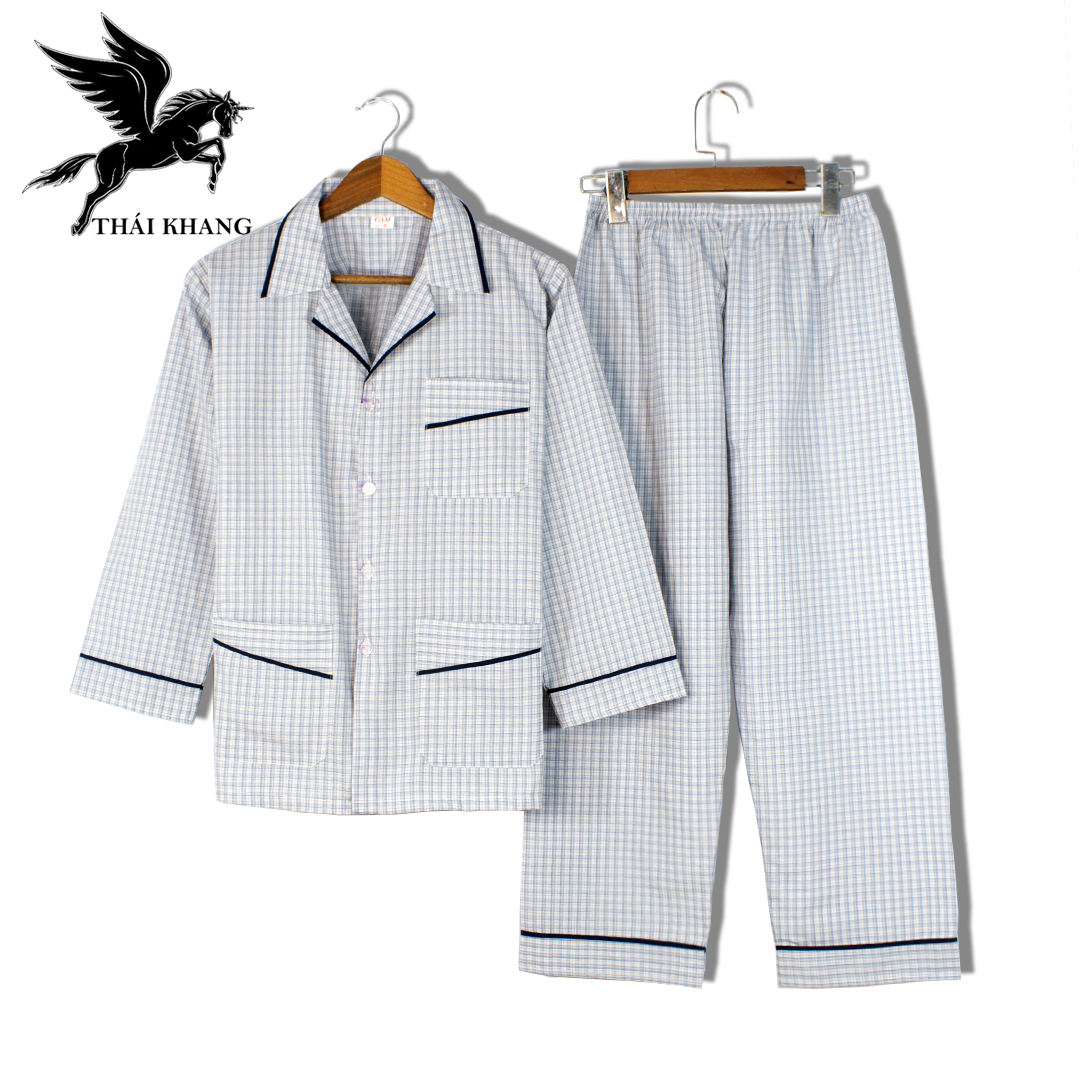 Bộ pijama nam dài tay trung niên vải cotton mặc mát thoải mái cho người già loại bộ đồ trung niên pijama mặc nhà loại caro (Giao ngẫu nhiên)
