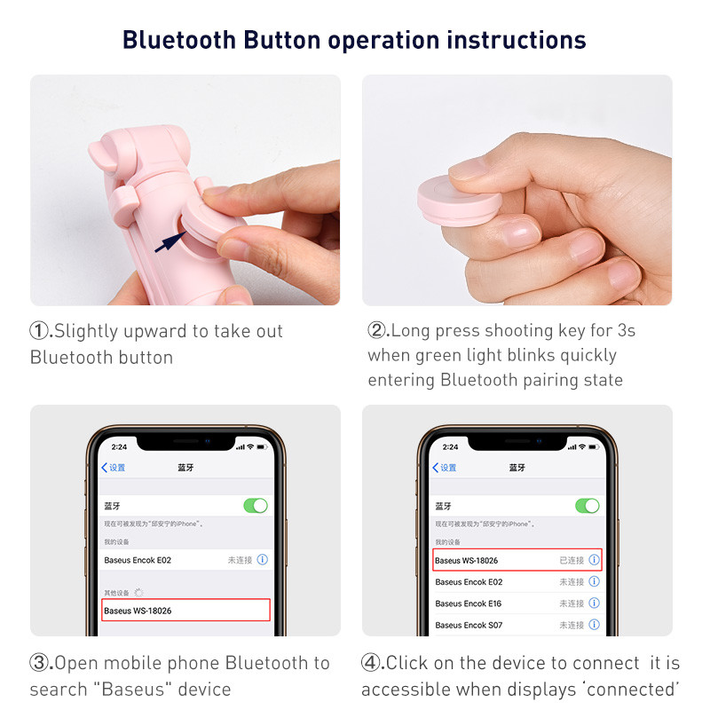 Gậy chụp hình ảnh selfie đa năng 2 in 1 kèm remote bluetooth không dây hiệu Baseus Lovely Bluetooth (nhiều mức thay đổi độ dài, remote không dây, bật 3 chân như tripod, thiết kế thời trang) - Hàng nhập khẩu