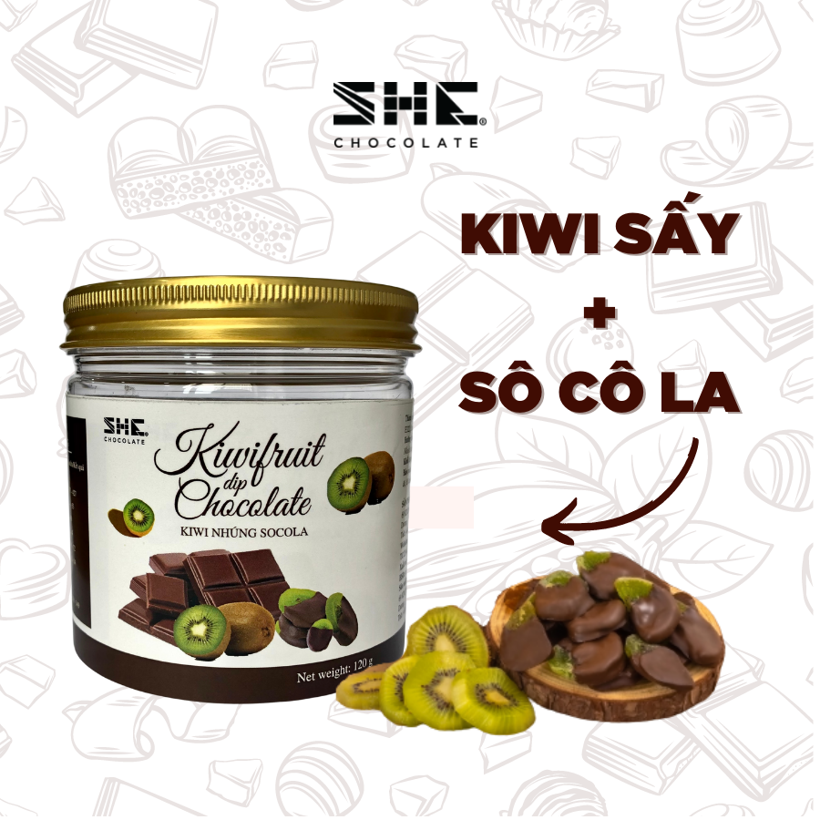 Kiwi nhúng Socola - SHE Chocolate - Hũ pet 120g - Bổ sung năng lượng, đa dạng vị giác. Quà tặng sức khỏe, quà tặng người thân, dịp lễ, thích hợp ăn vặt