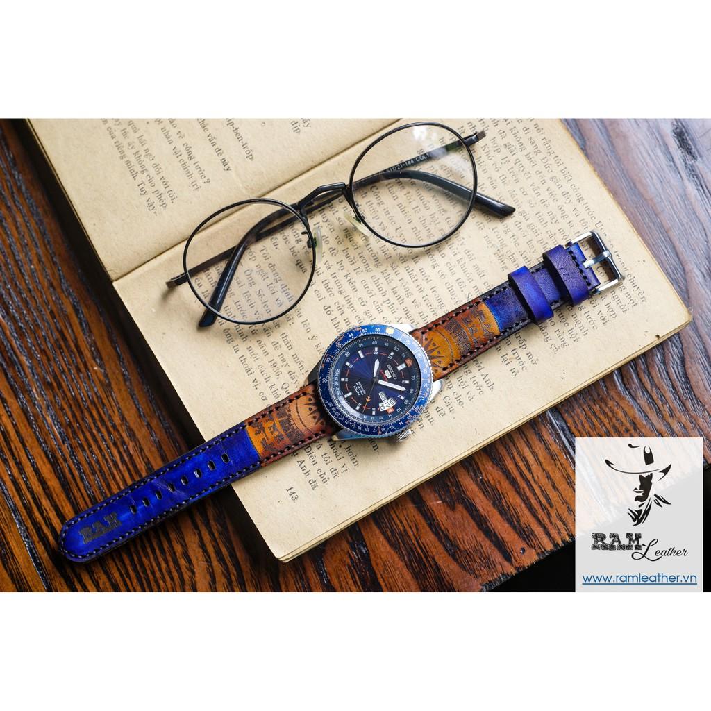 DÂY ĐỒNG HỒ TRỐNG ĐỒNG XANH NAVY - DA BÒ THẬT -ĐỦ SIZE 18,20,22,CASIO, APPLE WATCH -CHÍNH HÃNG RAM LEATHER