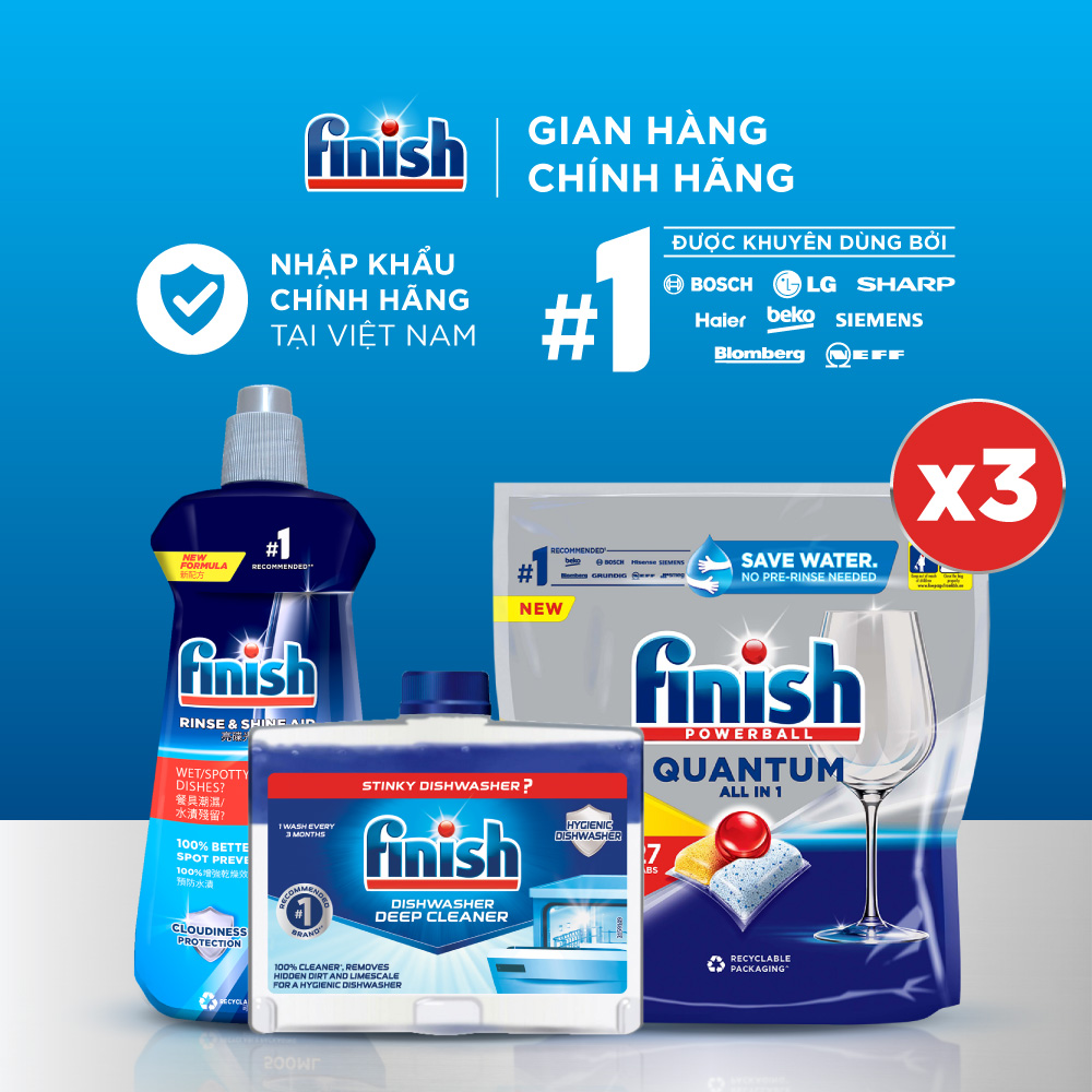 Combo Nâng Cao: 3 X Túi 27 Viên Nước Rửa Bát Powerball Quantum + Nước Làm Bóng Rinse &amp; Shine Aid + Dung Dịch Tẩy Rửa Máy Rửa Chén Bát