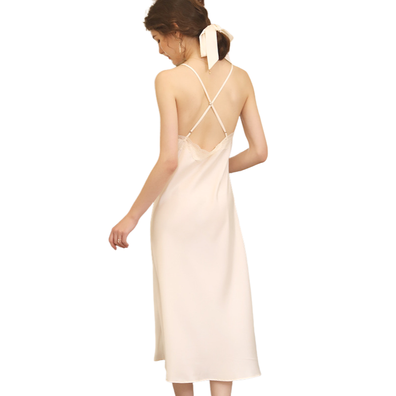 Đầm ngủ, Váy ngủ lụa Pháp (Lụa Latin) thiết kế 2 dây chéo lưng phối ren cao cấp VILADY - V147 (Màu Trắng gạo)