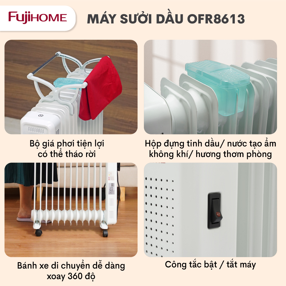 Máy sưởi dầu điều khiển từ xa không khô da Fujihome OH8613, máy sưởi ấm điện 13 thanh màn điện tử cảm ứng , tự ngắt an toàn tiết kiệm điện - Hàng chính hãng