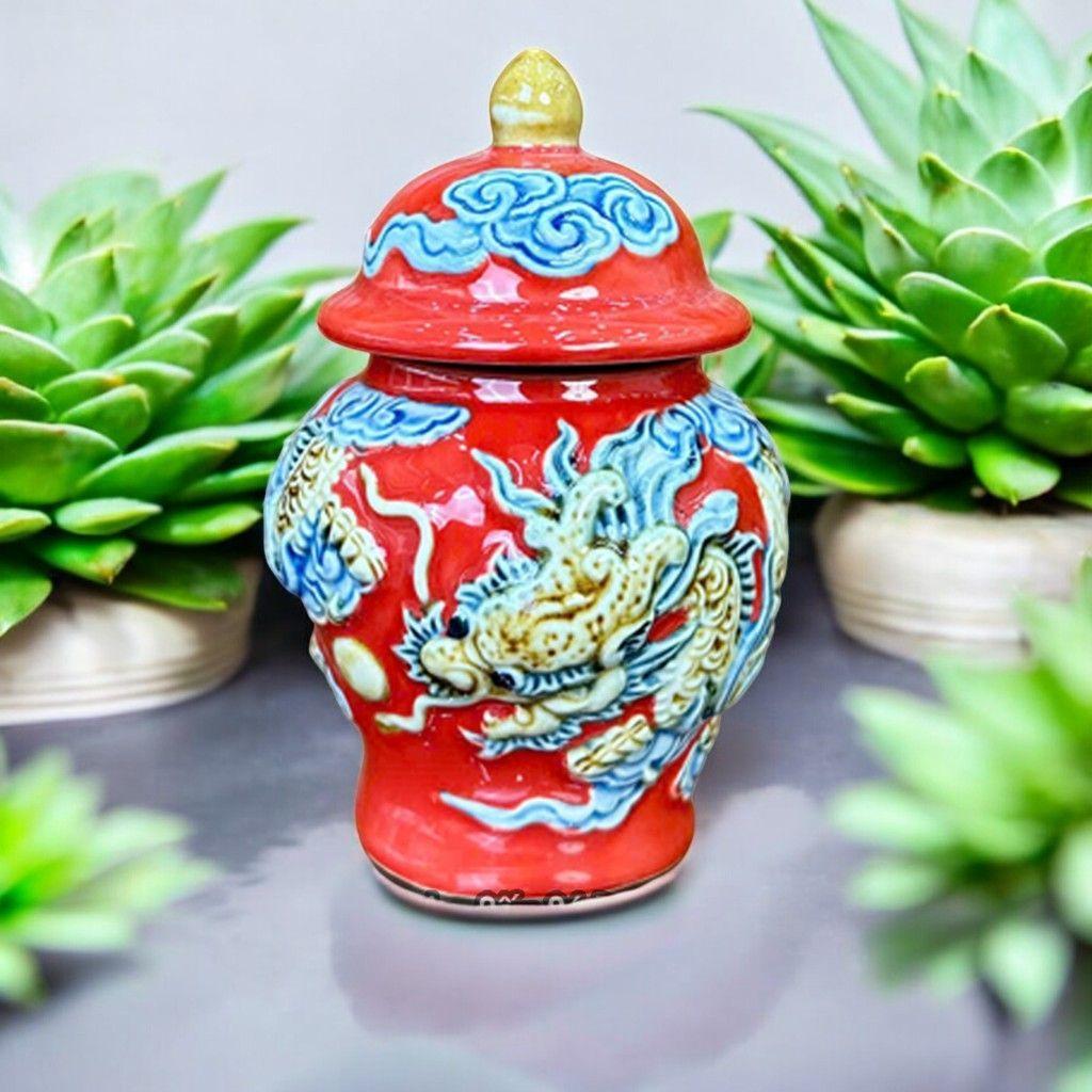 Chóe Thờ men đỏ đắp nổi RỒNG VIỆT, Hũ Đựng Muối Gạo Chiêu Tài, Gốm sứ Bát Tràng cao cấp
