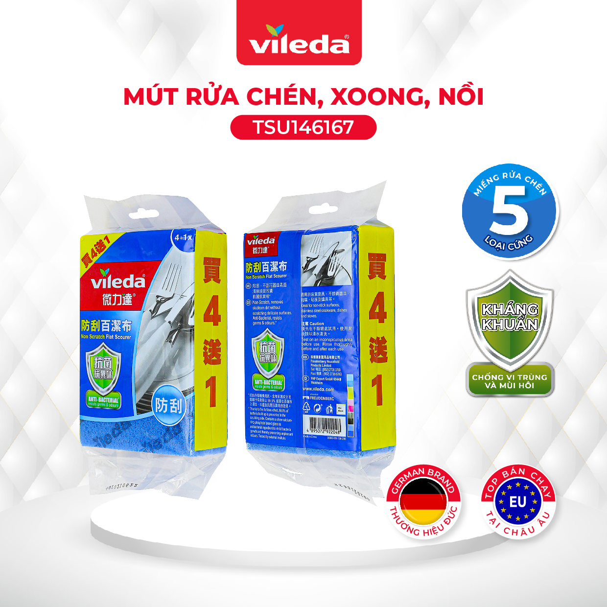 Miếng rửa chén chống xước nhà bếp VILEDA gói 5 miếng loại cứng, không rách, không mủn - TSU156167