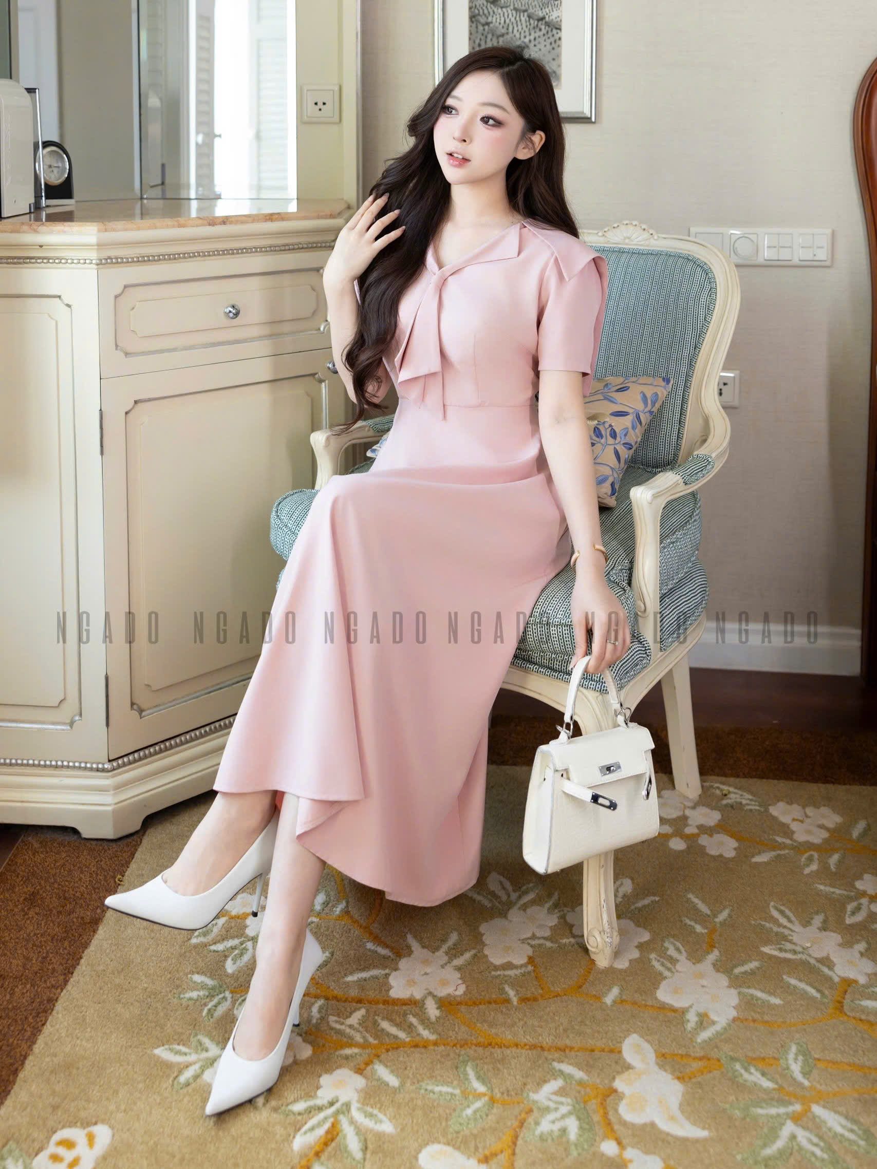 Đầm hồng cổ thủy thủ NGADO , đầm xòe , đầm dáng dài , đầm công sở