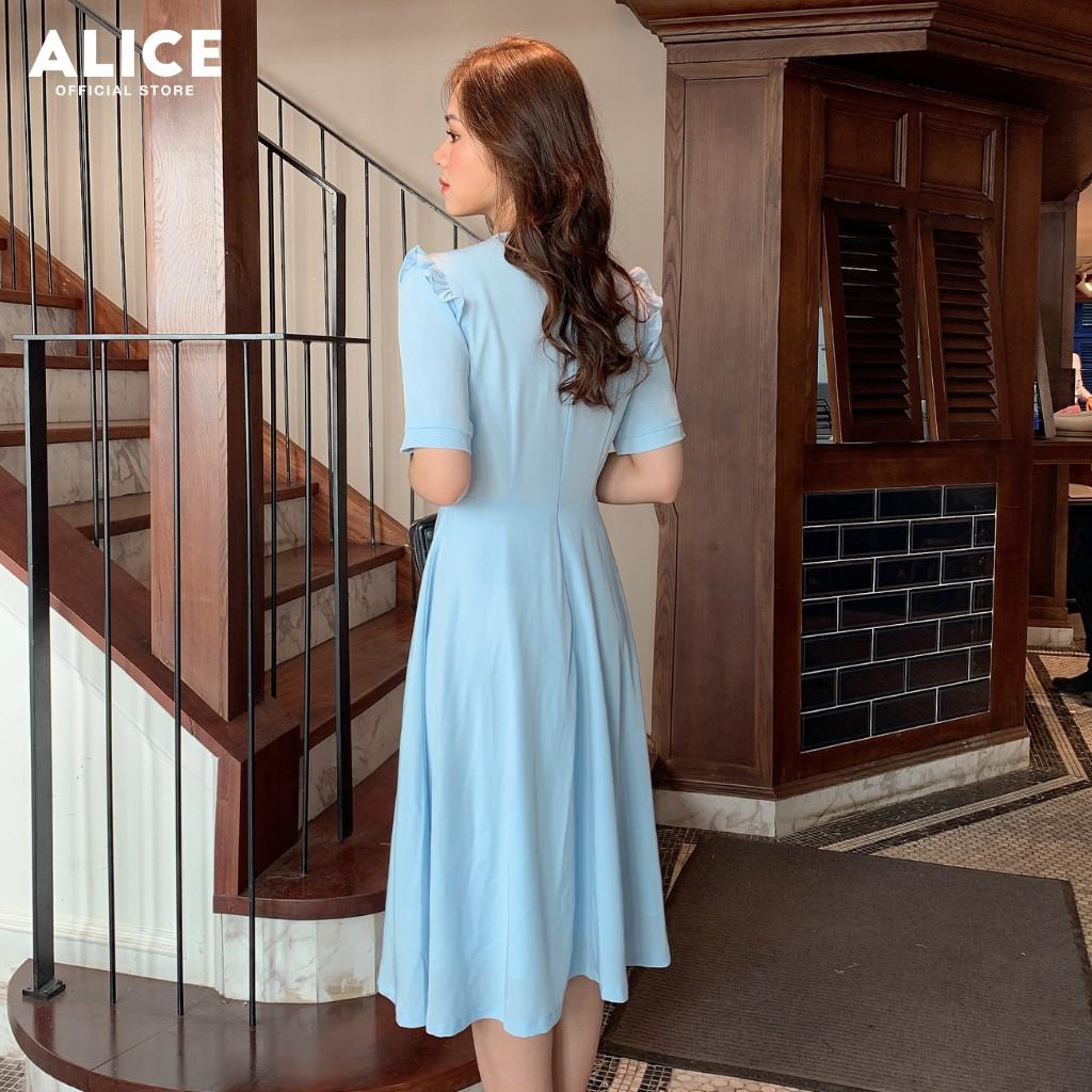Váy Nữ Công Sở Dẹp ALICE Thiết Kế Dáng Xòe Tay Ngằn Bèo Vai Phối Nơ Ngực Cúc Bọc V274