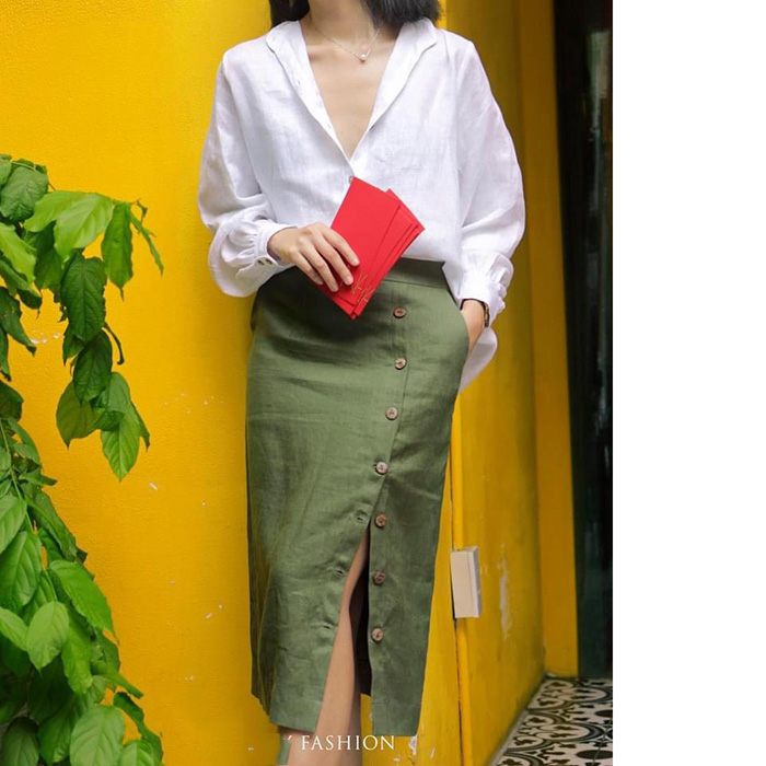Sét Áo sơ mi Linen tưng Premium cổ tầu tay bom kèm chân váy bút chì trẻ trung ArcticHuntẻ