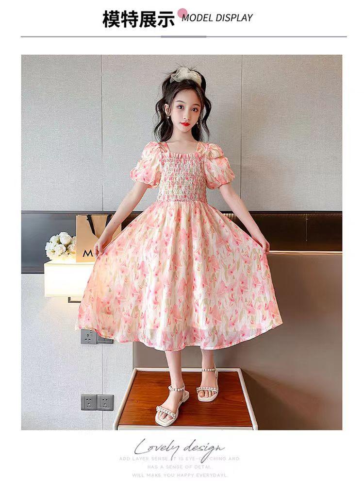 SHUANGYAN Cô gái váy mùa hè phong cách phương Tây 2023 Big Boy mùa hè váy chiffon mùa hè cô gái mảnh hoa mối tình đầu váy