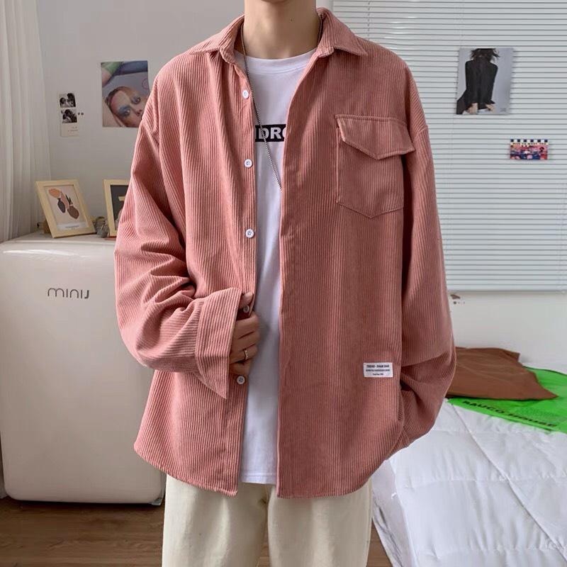 Áo Sơ Mi Nhung Tăm Phối 1 Túi Nắp Logo Vintage Form Rộng Unisex Nam Nữ Phong Cách Hàn Trẻ Trung Ulzzang