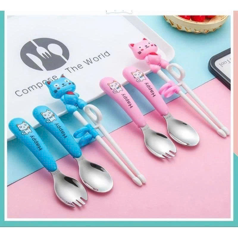 Bộ Ăn Dặm Cho Bé 3 Món, Đũa Xỏ Ngón + Thìa + Dĩa, Dễ Cầm Chống Rơi, An Toàn, Màu Xanh/Hồng - HÀNG CHÍNH HÃNG MINIIN