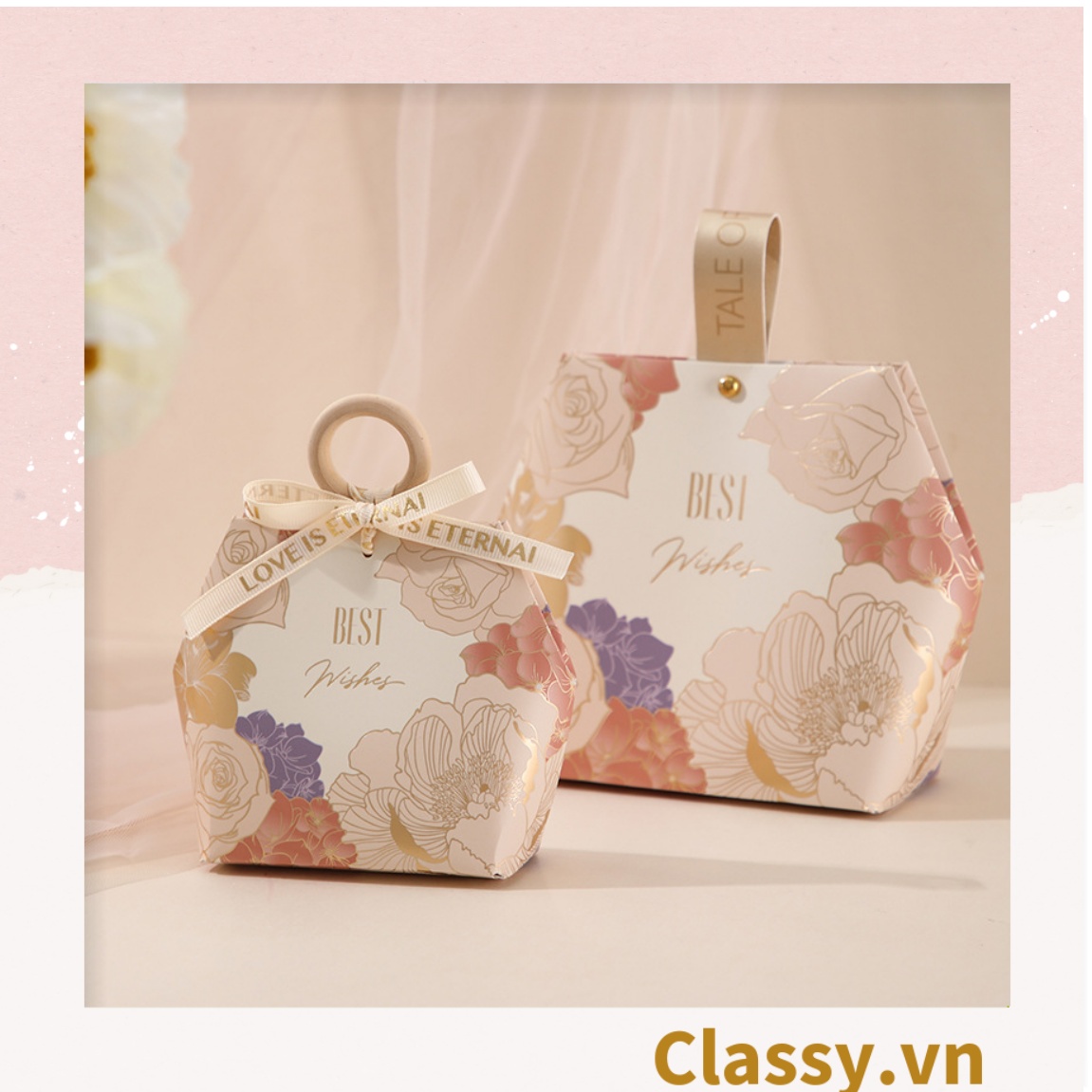- Hộp giấy đựng quà tặng hình lục giác, họa tiết vintage có gắn quai cầm nhựa hoặc da, Q907