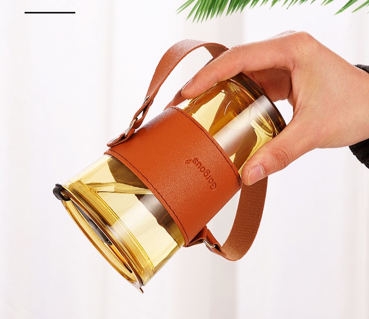 Cốc Thuỷ Tinh Bọc Da 450ml Ly Cao Kèm Ống Hút